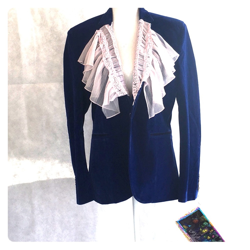 Blue velvet performance jacket with ruffle lapel